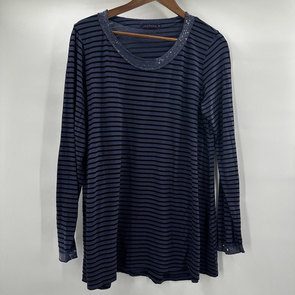 Cut Loose Top Shirt Tunic Womens Medium Blue‎ Sequin Long Boxy Art Lagenlook
